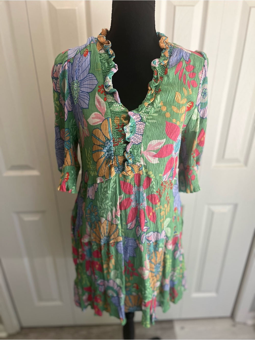 easel Green Floral Dress with Pink and Blue Bloom Accents